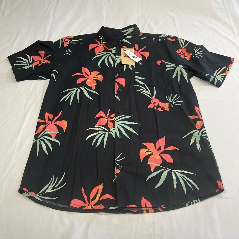 Quiksilver Boys XL 16 Tropical Floral Button Down‎ Shirt Black Short Sleeve New